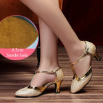 Latin American Dancing Shoes for Woman with Glitter Upper T-Strap for Salsa Rumba Tango - DancerInn 44.29 6.5cm suede gold / US 8/EU 42 - 35059619692727 - 35059619692727