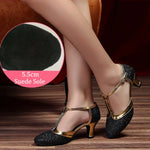 Latin American Dancing Shoes for Woman with Glitter Upper T-Strap for Salsa Rumba Tango - DancerInn 44.29 5.5cm suede black / US 8/EU 42 - 35059619430583 - 35059619430583