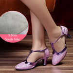 Latin American Dancing Shoes for Woman with Glitter Upper T-Strap for Salsa Rumba Tango - DancerInn 44.29 5.5cm suede purple / US 8/EU 42 - 35059620085943 - 35059620085943