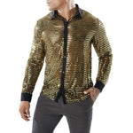 1970s Mens Disco Shirt – Long Sleeve Vintage Performance Men Sequin Shirt for Party, Dance, and Club - DancerInn  - 32336296181943 - 32336296181943