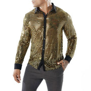1970s Mens Disco Shirt – Long Sleeve Vintage Performance Men Sequin Shirt for Party, Dance, and Club - DancerInn