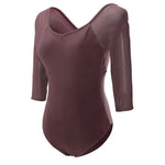 Leotard with Short Sleeves - Mesh Spliced Stretch Gymnastics Leotards for Women Dance - DancerInn Brown Nylon / xxl 24.96 - 34765473710263 - 34765473710263