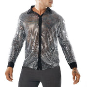 1970s Mens Disco Shirt – Long Sleeve Vintage Performance Men Sequin Shirt for Party, Dance, and Club - DancerInn