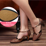 Latin American Dancing Shoes for Woman with Glitter Upper T-Strap for Salsa Rumba Tango - DancerInn 44.29 6.5cm rubber coffee / US 8/EU 42 - 35059619856567 - 35059619856567