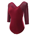 Leotard with Short Sleeves - Mesh Spliced Stretch Gymnastics Leotards for Women Dance - DancerInn Burgundy Cotton / xxl 25.39 - 34765473743031 - 34765473743031