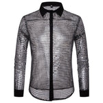 1970s Mens Disco Shirt – Long Sleeve Vintage Performance Men Sequin Shirt for Party, Dance, and Club - DancerInn  - 32336296411319 - 32336296411319