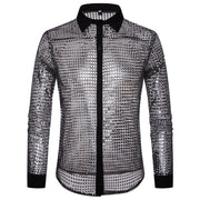 1970s Mens Disco Shirt – Long Sleeve Vintage Performance Men Sequin Shirt for Party, Dance, and Club - DancerInn