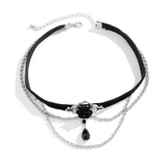 Gothic Choker Necklace with Crystal Beads - Vintage Black Lace Collar Necklace, Boho Victorian Goth Style - DancerInn