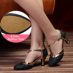 Latin American Dancing Shoes for Woman with Glitter Upper T-Strap for Salsa Rumba Tango - DancerInn 44.29 6.5cm rubber black / US 8/EU 42 - 35059619561655 - 35059619561655