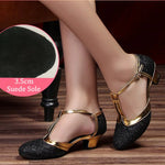 Latin American Dancing Shoes for Woman with Glitter Upper T-Strap for Salsa Rumba Tango - DancerInn 44.29 3.5cm suede black / US 8/EU 42 - 35059619758263 - 35059619758263
