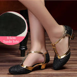 Latin American Dancing Shoes for Woman with Glitter Upper T-Strap for Salsa Rumba Tango - DancerInn 44.29 3.5cm suede black / US 8/EU 42 - 35059619758263 - 35059619758263