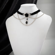 Gothic Choker Necklace with Crystal Beads - Vintage Black Lace Collar Necklace, Boho Victorian Goth Style - DancerInn