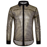 1970s Mens Disco Shirt – Long Sleeve Vintage Performance Men Sequin Shirt for Party, Dance, and Club - DancerInn  - 32336296280247 - 32336296280247
