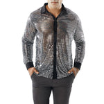 1970s Mens Disco Shirt – Long Sleeve Vintage Performance Men Sequin Shirt for Party, Dance, and Club - DancerInn Silver-XXXL - 32336296313015 - 32336296313015