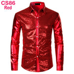 70s Disco Shirt Mens Performance Shirt – Shiny Sequin Long Sleeve Latin Ballroom Top for Party, Dance, Nightclub & Stage - DancerInn CS86-Red-XXL - 32327511998647 - 32327511998647