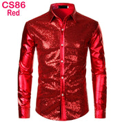 70s Disco Shirt Mens Performance Shirt – Shiny Sequin Long Sleeve Latin Ballroom Top for Party, Dance, Nightclub & Stage - DancerInn CS86-Red-XXL