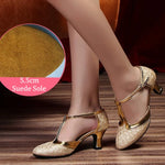 Latin American Dancing Shoes for Woman with Glitter Upper T-Strap for Salsa Rumba Tango - DancerInn 44.29 5.5cm suede gold / US 8/EU 42 - 35059620118711 - 35059620118711