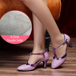 Latin American Dancing Shoes for Woman with Glitter Upper T-Strap for Salsa Rumba Tango - DancerInn 44.29 6.5cm suede purple / US 8/EU 42 - 35059619725495 - 35059619725495