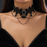 Gothic Choker Necklace with Crystal Beads - Vintage Black Lace Collar Necklace, Boho Victorian Goth Style - DancerInn Style-1 - 32264533737655 - 32264533737655