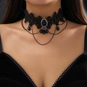 Gothic Choker Necklace with Crystal Beads - Vintage Black Lace Collar Necklace, Boho Victorian Goth Style - DancerInn Style-1