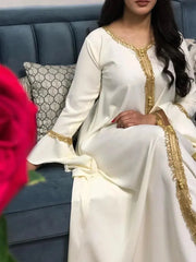 Loose Muslim Arabic Islamic Kaftan Dresses with Golden Ribbon Embroidery for Women - DancerInn