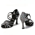 Rhinestone Latin Dance Shoes Women - Satin Lace-Up Soft Sole with Mid & High Heels - DancerInn  - 32192657424567 - 32192657424567