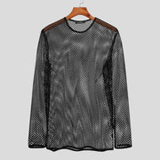 Mens Muscle Fit T Shirts - Mesh Fishnet See-Through Tee for Men with Breathable Long Sleeves Sexy Fitted for Dance Gym Workout - DancerInn Black-5XL