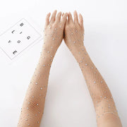 Rhinestone Gloves with Laces - Flash Party Performance Mesh Gloves in White, Red, Black, Pink, Fishnet & Goth Style - DancerInn Faw