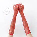 Rhinestone Gloves with Laces - Flash Party Performance Mesh Gloves in White, Red, Black, Pink, Fishnet & Goth Style - DancerInn Red - 32314833764535 - 32314833764535