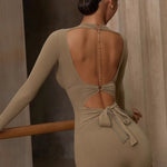 Long Sleeved Leotard - Women Leotards for Dance with Built-In Bra & Open Back Tie for Latin Salsa Rumba Samba - DancerInn - 34149708464311 - 34149708464311