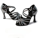 Rhinestone Latin Dance Shoes Women - Satin Lace-Up Soft Sole with Mid & High Heels - DancerInn  - 32192657391799 - 32192657391799