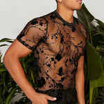 Mens Floral Print T Shirt - Black See Through Mesh Short Sleeve O-Neck Streetwear Top for Dance Performance Stage -   Men Dance Shirts DancerInn - 32395180867767 - 32395180867767