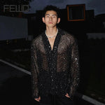 Mens Black Sequin Shirt - Iridescent Black Glitter Shirt for Men Loose Fit Long Sleeve Top Casual Streetwear for Party & Nightclub -   - 32349746364599 - 32349746364599