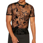 Mens Floral Print T Shirt - Black See Through Mesh Short Sleeve O-Neck Streetwear Top for Dance Performance Stage -   Men Dance Shirts DancerInn - 32395180966071 - 32395180966071