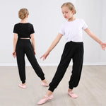 Girls Wide Leg Pants - Black Kids Harem Pants with High Elastic Waist Soft Comfortable Breathable Cotton for Dance Yoga & Sports - DancerInn - 33077471543479 - 33077471543479
