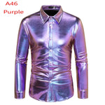70s Disco Shirt Mens Performance Shirt – Shiny Sequin Long Sleeve Latin Ballroom Top for Party, Dance, Nightclub & Stage - DancerInn A46-Purple-XXL - 32327511670967 - 32327511670967
