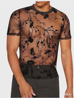Mens Floral Print T Shirt - Black See Through Mesh Short Sleeve O-Neck Streetwear Top for Dance Performance Stage - 32396299600055 - 32396299600055