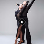 Vestido de baile preto de manga comprida com decote em V profundo nas costas em malha para dança latina, tango e salsa - 25180662071479 - 25180662071479