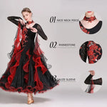 Women’s Black and Red Long Sleeves Ballroom Dance Dress with Exquisite Decals - DancerInn - 26239218417847 - 26239218417847