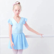Girls Bowknot Short Sleeve Ballet Dress Gymnastics Leotards Chiffon Skirts for Kids - DancerInn