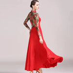 Women Big A Hemline Slim-fitting Pattern Gauze Long Sleeves Standard Ballroom Dress Waltz Tango Dance Costumes - DancerInn - 26343765737655 - 26343765737655