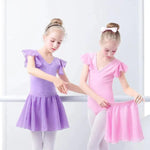 Girls Bowknot Short Sleeve Ballet Dress Gymnastics Leotards Chiffon Skirts for Kids - DancerInn - 26423671390391 - 26423671390391