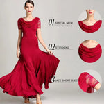 Women Special Neck Design Gauze Joint Lace Short Sleeves Long Hemline Ballroom Waltz Dresses for Foxtrot Flamenco Dance - DancerInn - 26365137846455 - 26365137846455