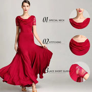 Women Special Neck Design Gauze Joint Lace Short Sleeves Long Hemline Ballroom Waltz Dresses for Foxtrot Flamenco Dance - DancerInn