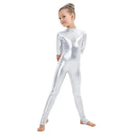 Kids Long Sleeve Metallic Unitards Stirrups Dance Gymnastics Leotards for Girls - DancerInn - 26423557193911 - 26423557193911