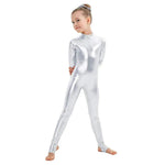 Kids Long Sleeve Metallic Unitards Stirrups Dance Gymnastics Leotards for Girls - DancerInn - 26423556898999 - 26423556898999
