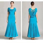Women Special Neck Design Gauze Joint Lace Short Sleeves Long Hemline Ballroom Waltz Dresses for Foxtrot Flamenco Dance - DancerInn