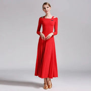 Women Bare Shoulder Long Sleeves Spandex White Ballroom Dress Party Dress Waltz Tango Dance Costume Ball Gown Dance Wear YL9008 - DancerInn