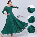 Women Chiffon Yarn V-Back Long Sleeves Party Dress Ball Gown Ballroom Waltz Dress Rumba Dance Costume Stage Dance Wear - DancerInn - 26343735197879 - 26343735197879