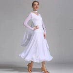 Women Neck Piece Flying Yarn Long Sleeves White Ballroom Dress Party Dress Waltz Rumba Costume Dance Clothing - DancerInn - 26334131126455 - 26334131126455